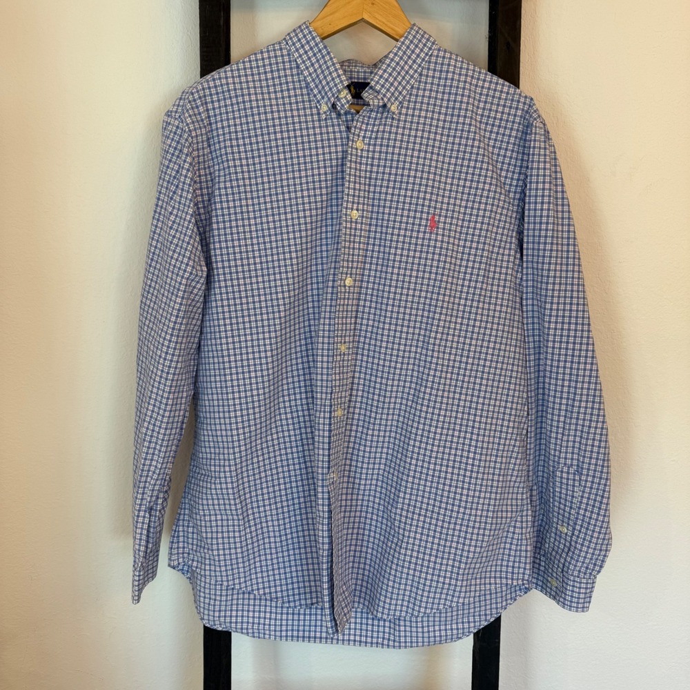 Ralph Lauren‎ Mens Plaid Button Down Shirt Long Sleeve Pink Blue White XL